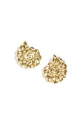 A pair of oversized gold-plated statement stud earrings featuring a three-dimensional curved nautilus spiral shell shape with a high-polish liquid-gold mirror finish. sirena-gold-nautilus-shell-earrings.webp