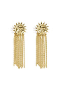 Gold celestial sun-face stud earrings with long hanging gold chain tassels, displayed on a white background.