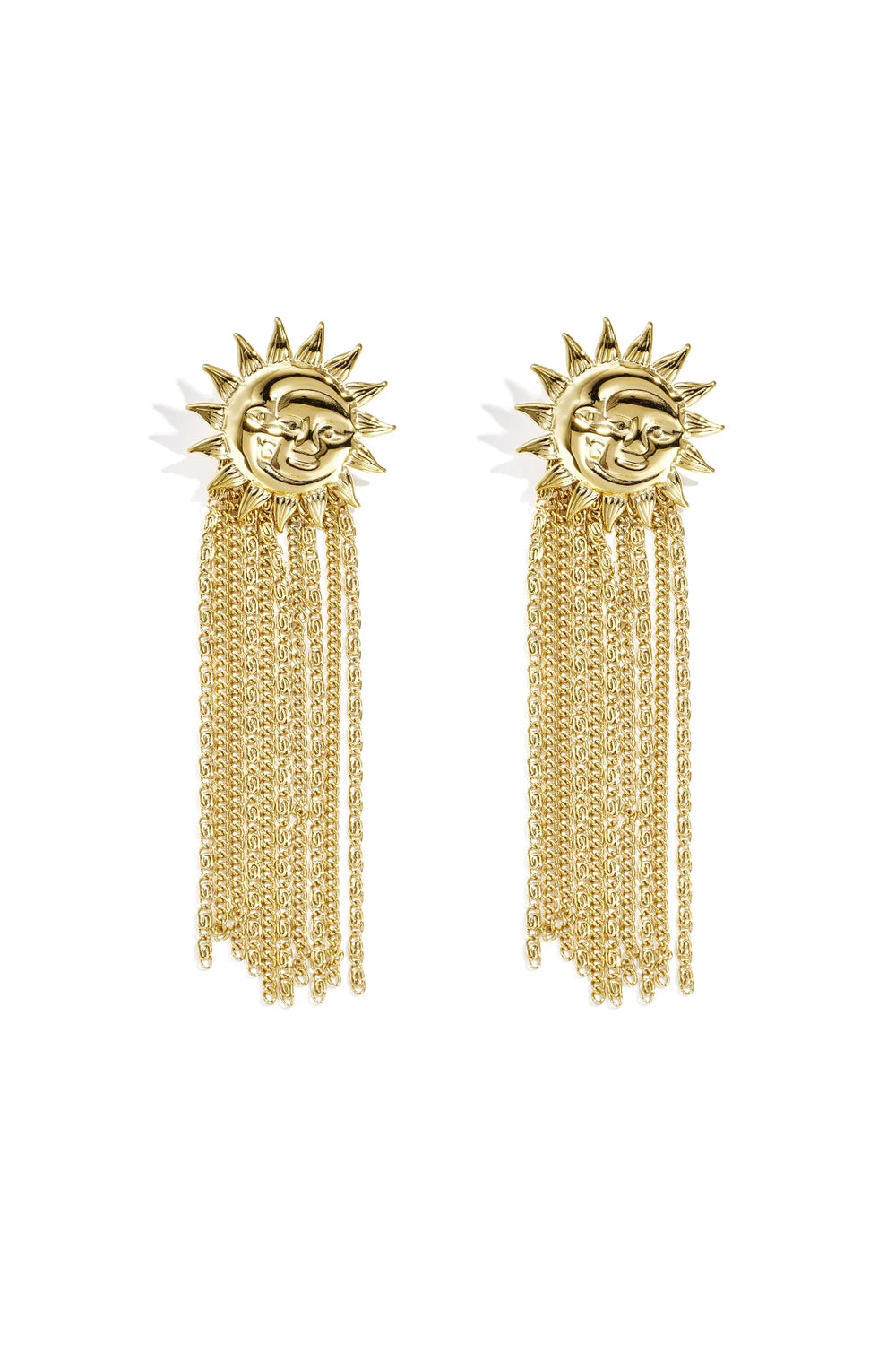 Gold celestial sun-face stud earrings with long hanging gold chain tassels, displayed on a white background.