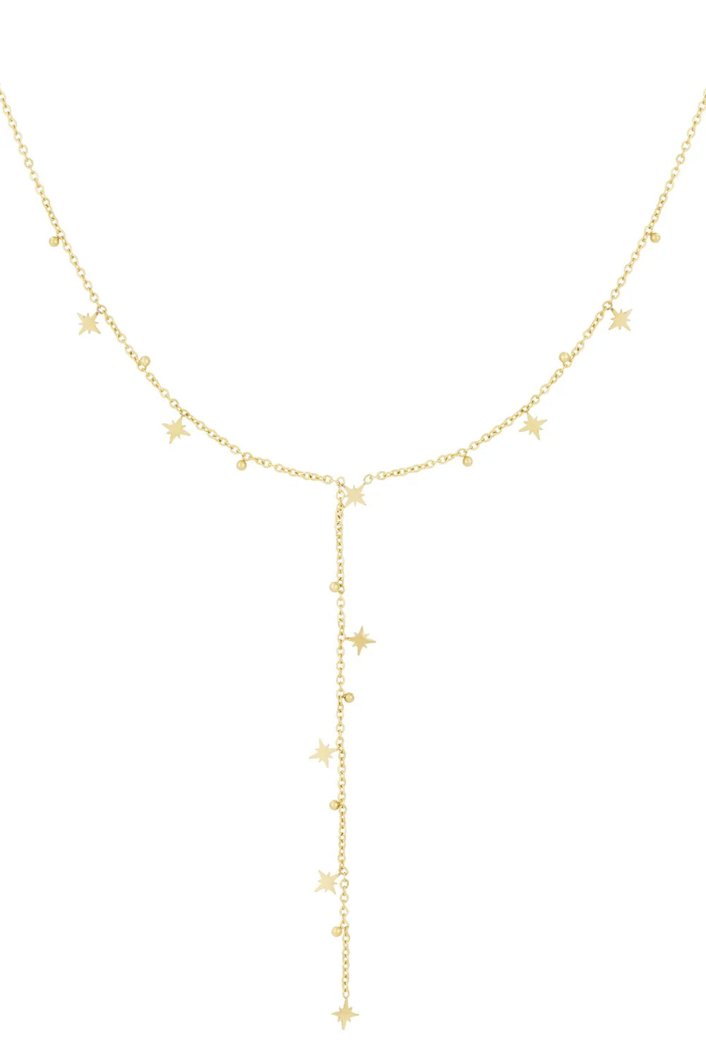 A delicate gold-plated Y-necklace featuring a satellite beaded cable chain adorned with small dangling eight-point star charms along the neckline and vertical drop. stella-drop-star-y-necklace.webp