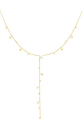 A delicate gold-plated Y-necklace featuring a satellite beaded cable chain adorned with small dangling eight-point star charms along the neckline and vertical drop. stella-drop-star-y-necklace.webp