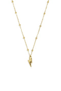 A gold-plated stainless steel satellite chain necklace with small beaded stations featuring a polished lightning bolt pendant against a white background. stella-lightning-bolt-satellite-pendant-necklace.webp