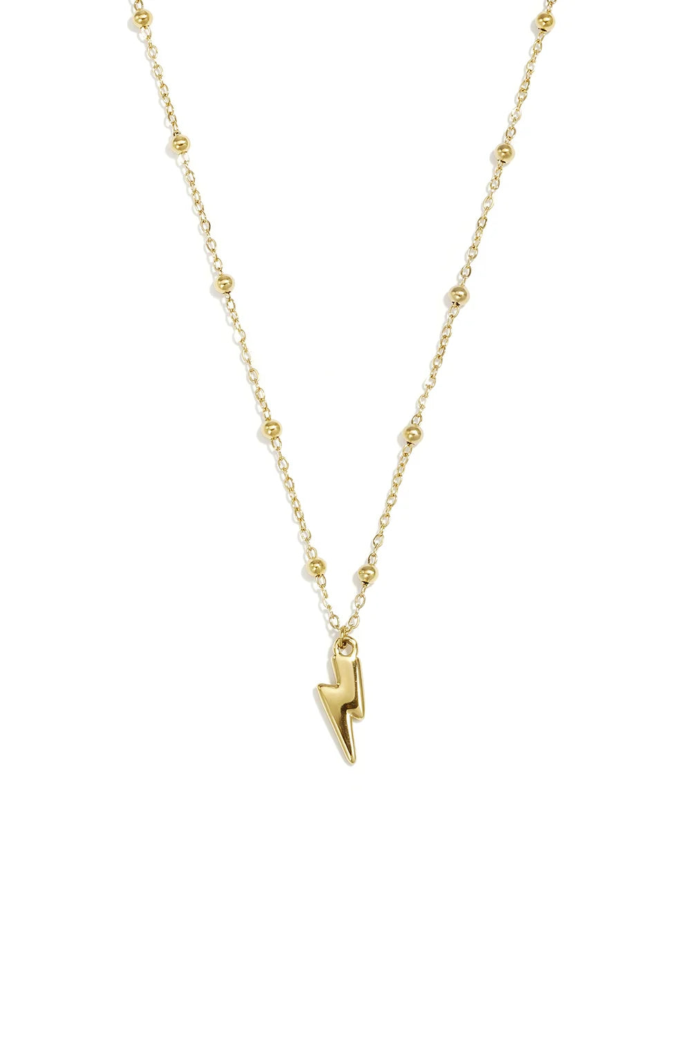 A gold-plated stainless steel satellite chain necklace with small beaded stations featuring a polished lightning bolt pendant against a white background. stella-lightning-bolt-satellite-pendant-necklace.webp