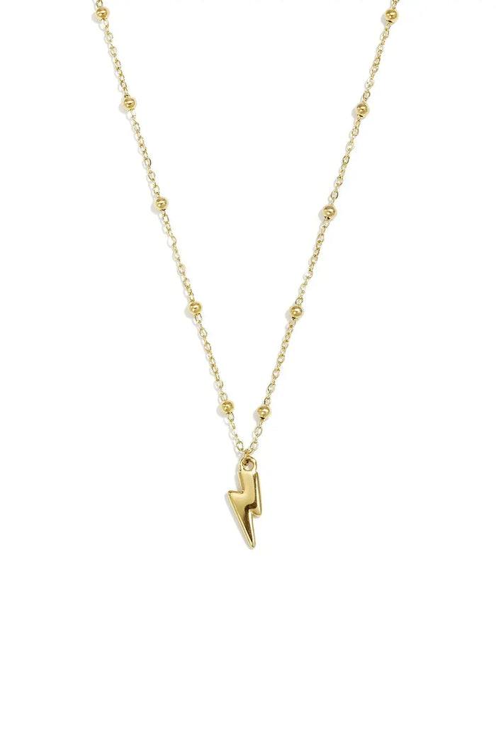 A gold-plated stainless steel satellite chain necklace with small beaded stations featuring a polished lightning bolt pendant against a white background. stella-lightning-bolt-satellite-pendant-necklace.webp