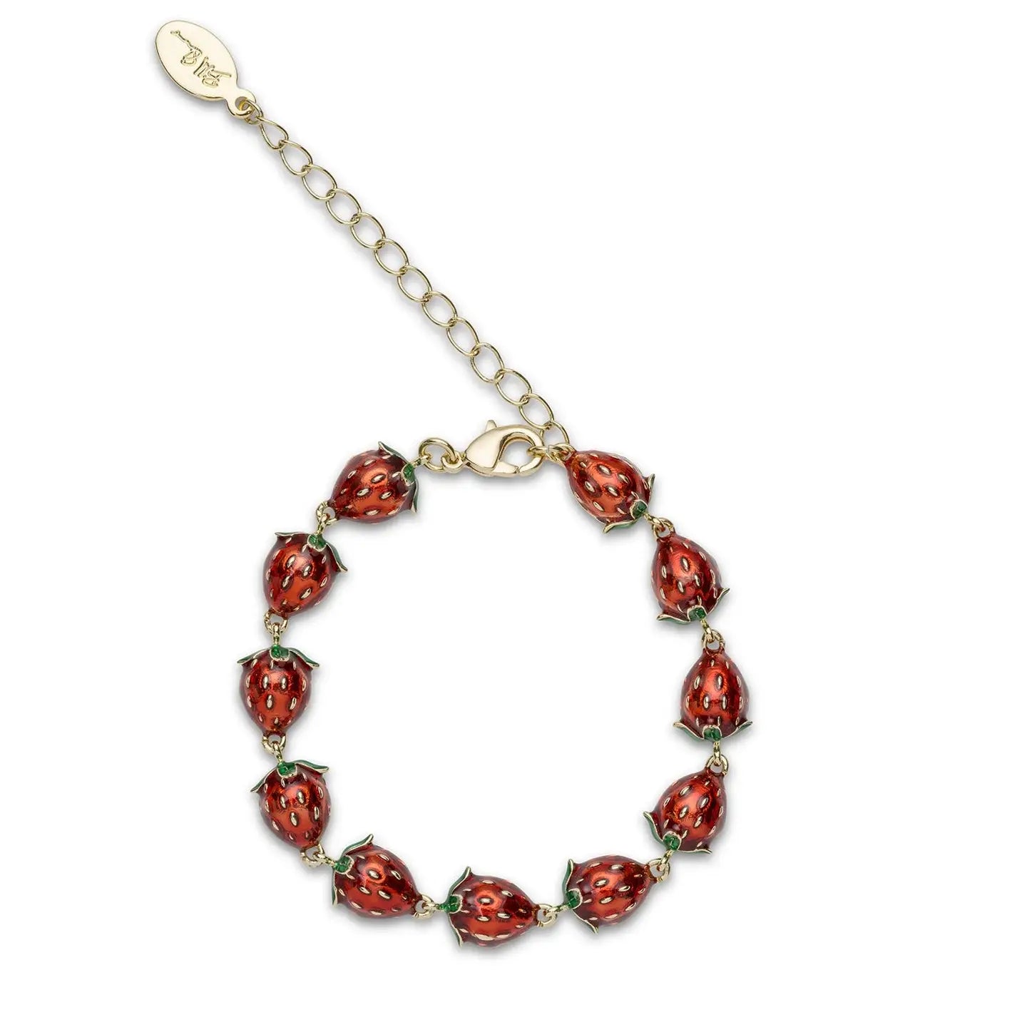A gold-plated link bracelet by Bill Skinner featuring a continuous row of 3D strawberry charms coated in glossy translucent red and green enamel.