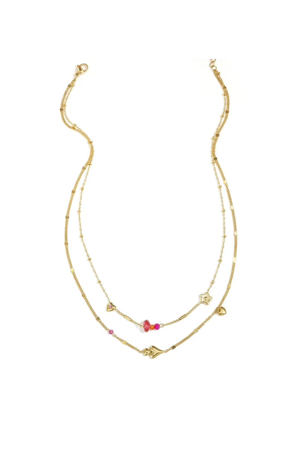 A gold double-strand necklace featuring heart and flower charms with pink and orange beads, displayed on a white background.