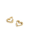 A pair of chunky gold heart-shaped hoop earrings on a clean white background.