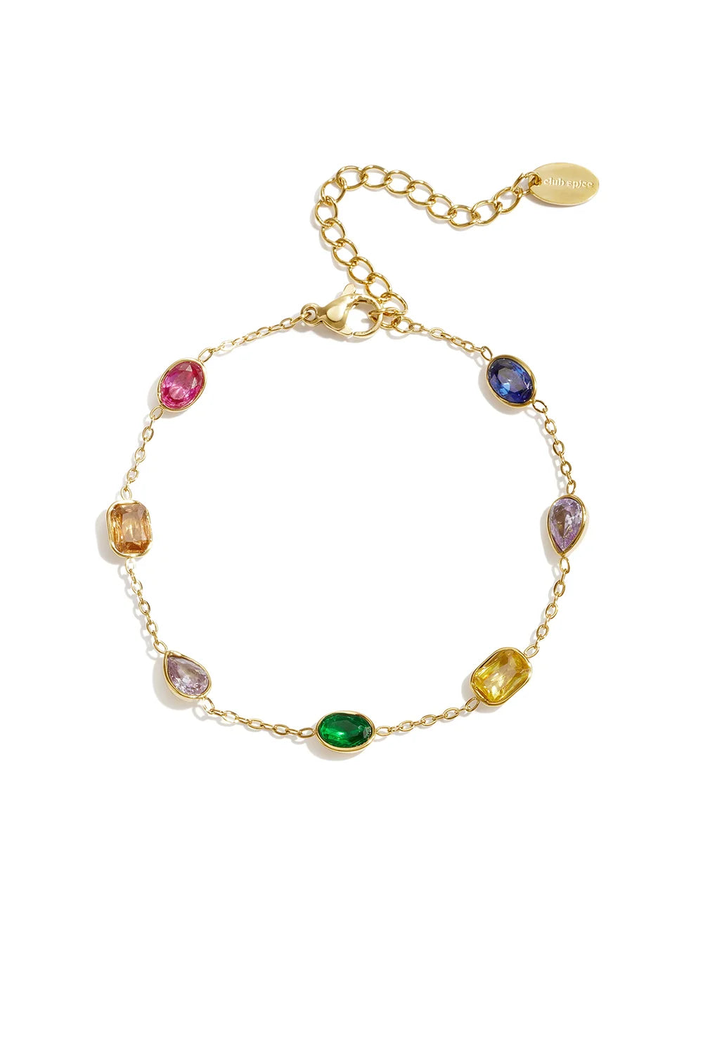 A gold-plated stainless steel chain bracelet featuring various cuts of rich jewel-toned cubic zirconia gemstones against a white background. sylvie-multi-cut-gemstone-station-bracelet.webp