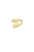 A gold-plated stainless steel bypass ring featuring a thick open wrap band with teardrop droplet terminals inlaid with lines of small clear crystals against a white background. thea-droplet-bypass-ring.webp