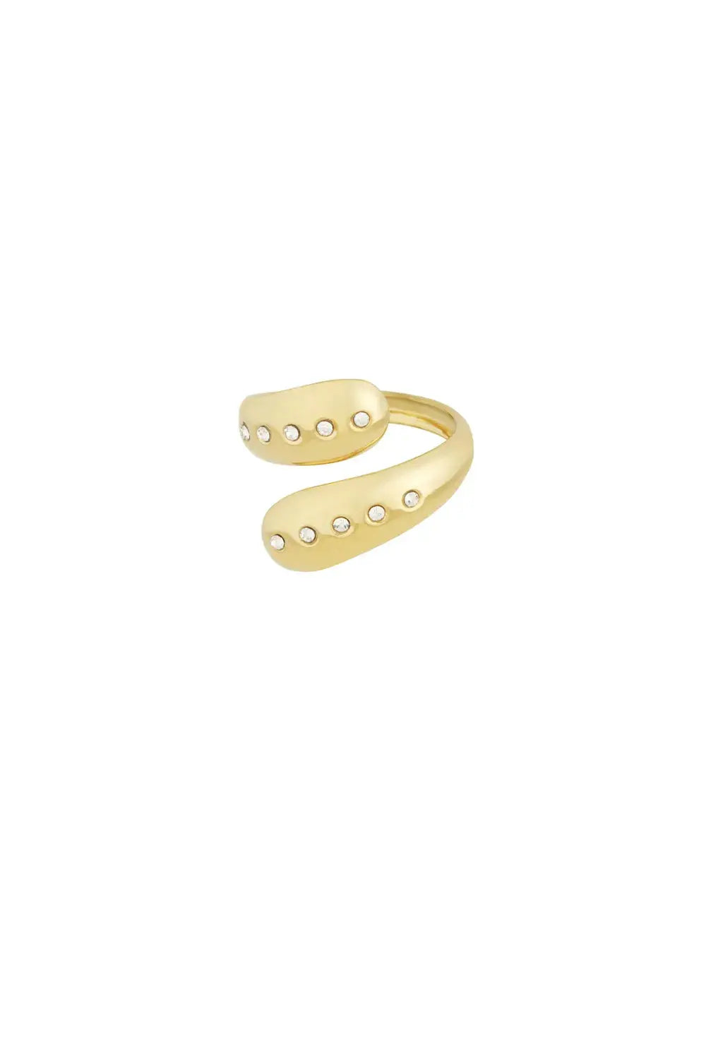 A gold-plated stainless steel bypass ring featuring a thick open wrap band with teardrop droplet terminals inlaid with lines of small clear crystals against a white background. thea-droplet-bypass-ring.webp