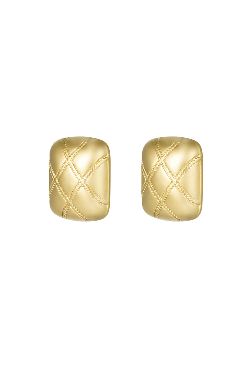 A pair of chunky gold-plated wide huggie stud earrings featuring a three-dimensional curved rectangular shape with a matte hand-brushed satin quilted pattern. vendome-brushed-quilted-stud-earrings.jpg