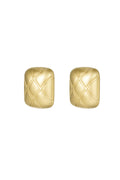 A pair of chunky gold-plated wide huggie stud earrings featuring a three-dimensional curved rectangular shape with a matte hand-brushed satin quilted pattern. vendome-brushed-quilted-stud-earrings.jpg