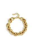 A chunky gold-plated stainless steel statement bracelet featuring thick, interlocking high-polish oval links with an adjustable lobster clasp and an S.steel quality tag. verona-chunky-gold-link-bracelet.webp