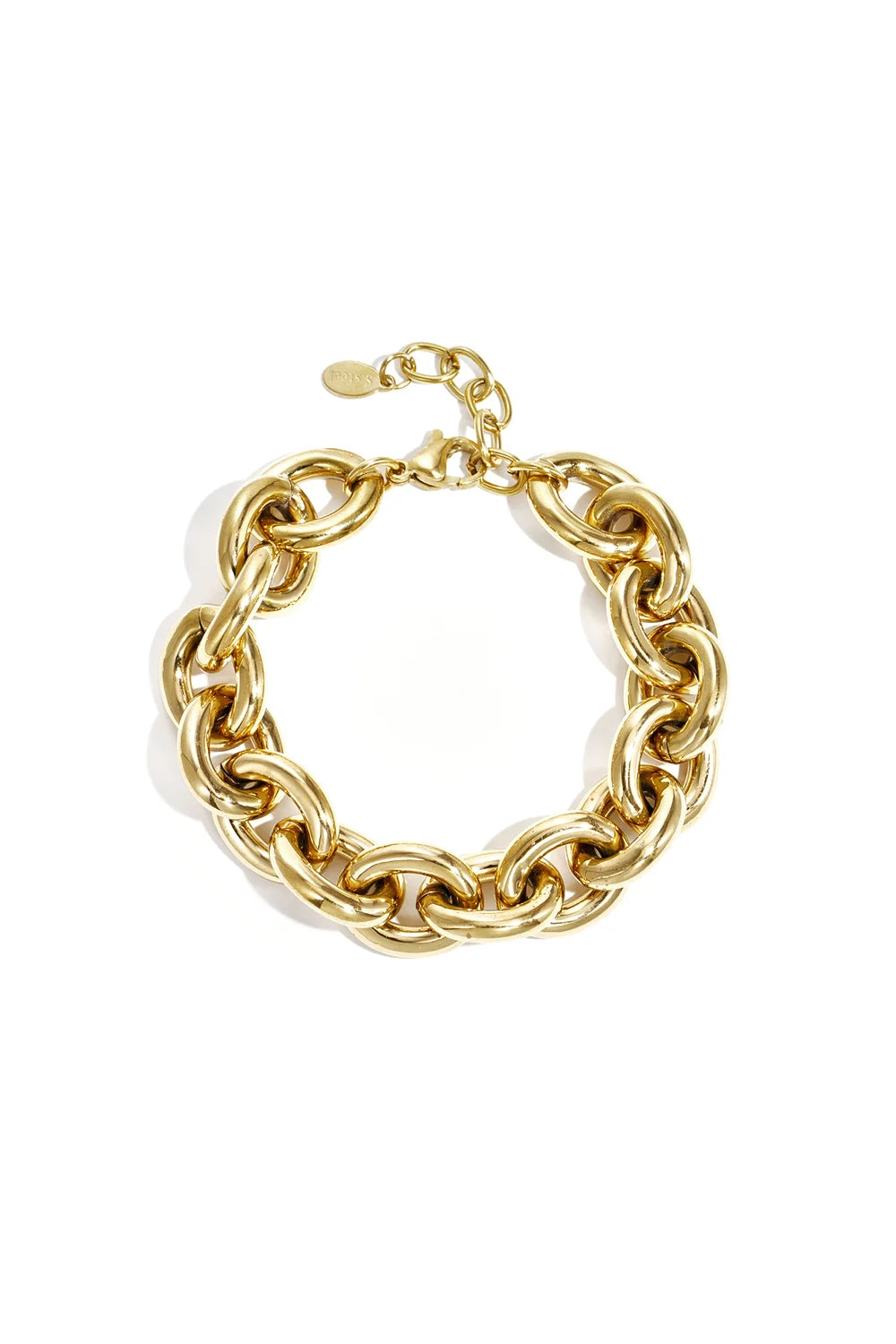 A chunky gold-plated stainless steel statement bracelet featuring thick, interlocking high-polish oval links with an adjustable lobster clasp and an S.steel quality tag. verona-chunky-gold-link-bracelet.webp