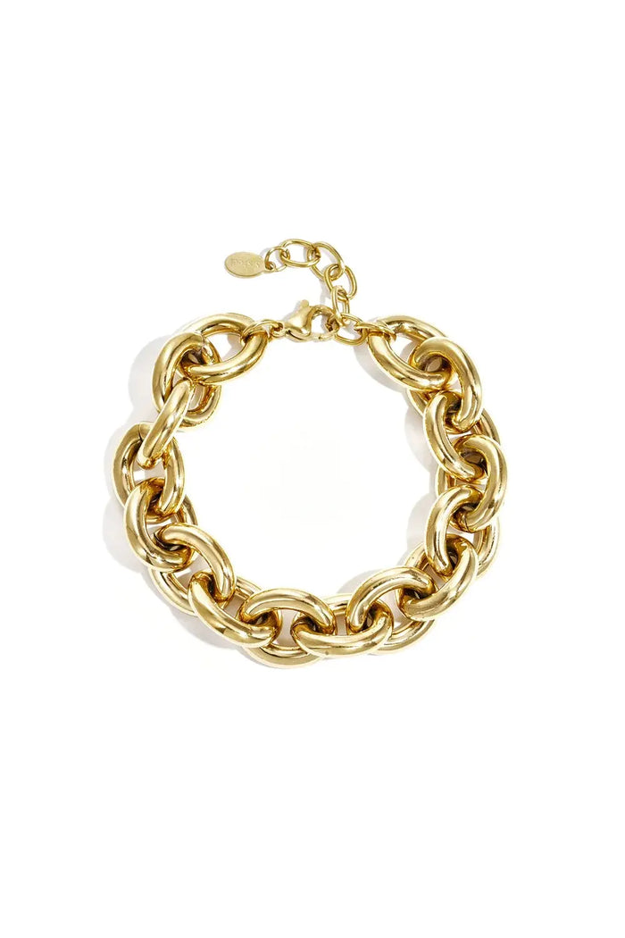 A chunky gold-plated stainless steel statement bracelet featuring thick, interlocking high-polish oval links with an adjustable lobster clasp and an S.steel quality tag. verona-chunky-gold-link-bracelet.webp