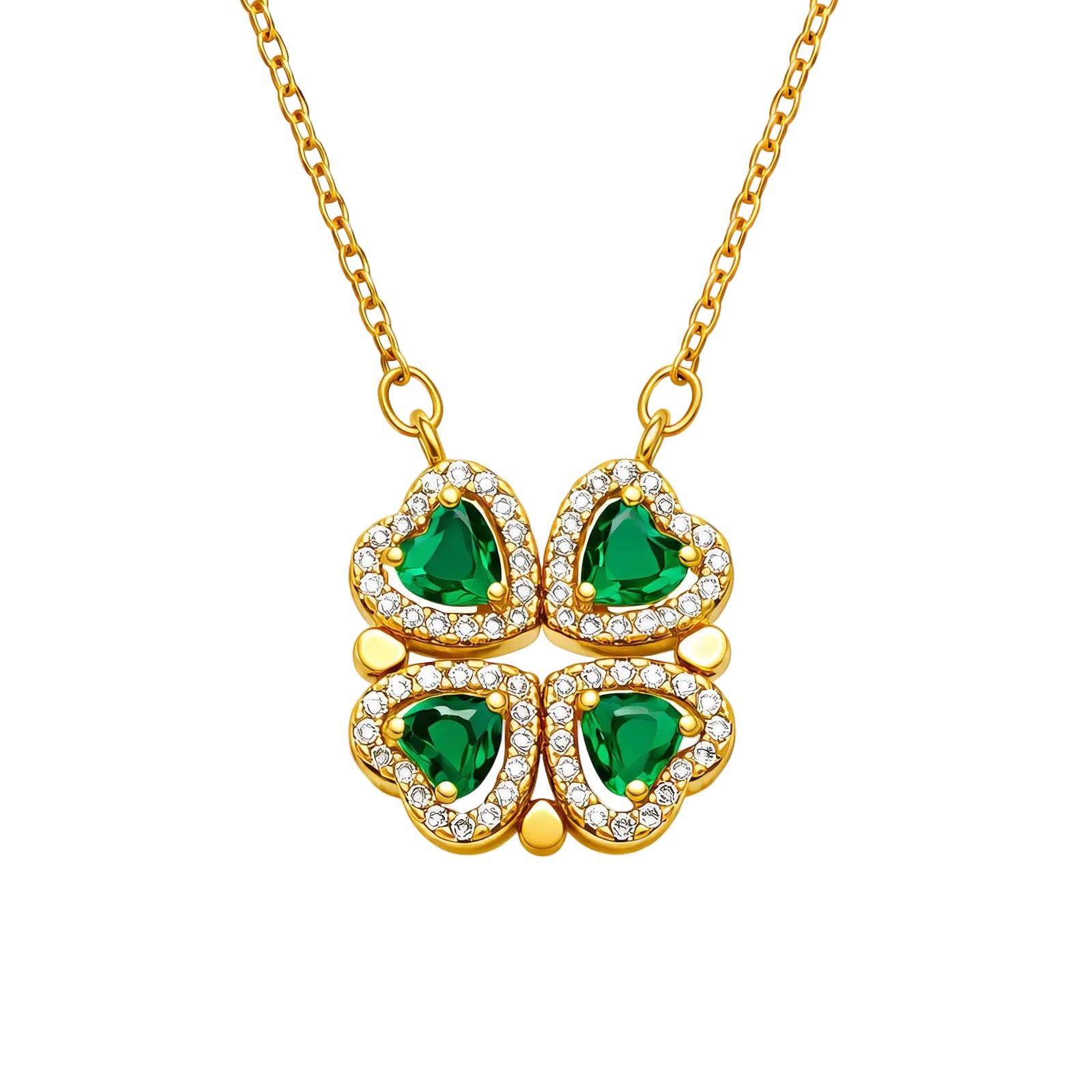 A gold transformable necklace with four emerald green heart crystals and white stone borders, shown in a closed bloom shape on a white background.