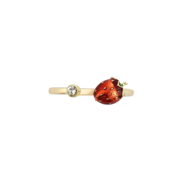 A gold-plated open bypass ring by Bill Skinner featuring a realistic 3D strawberry hand-painted with glossy red enamel and gold seeds, balanced by a bezel-set clear crystal. strawberry-enamel-ring.webp