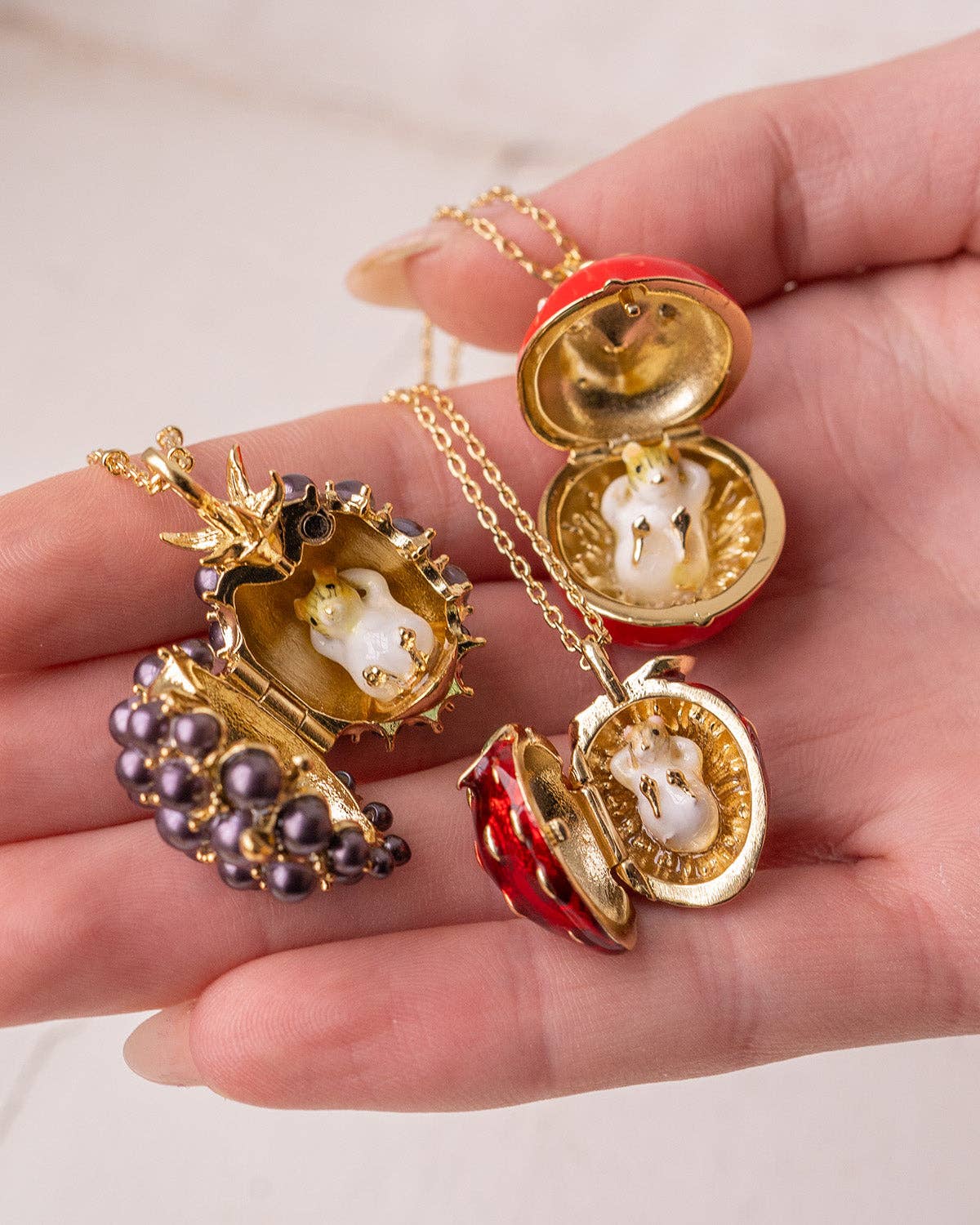 "Sweet Secret" Opening Strawberry Mouse Pendant Necklace