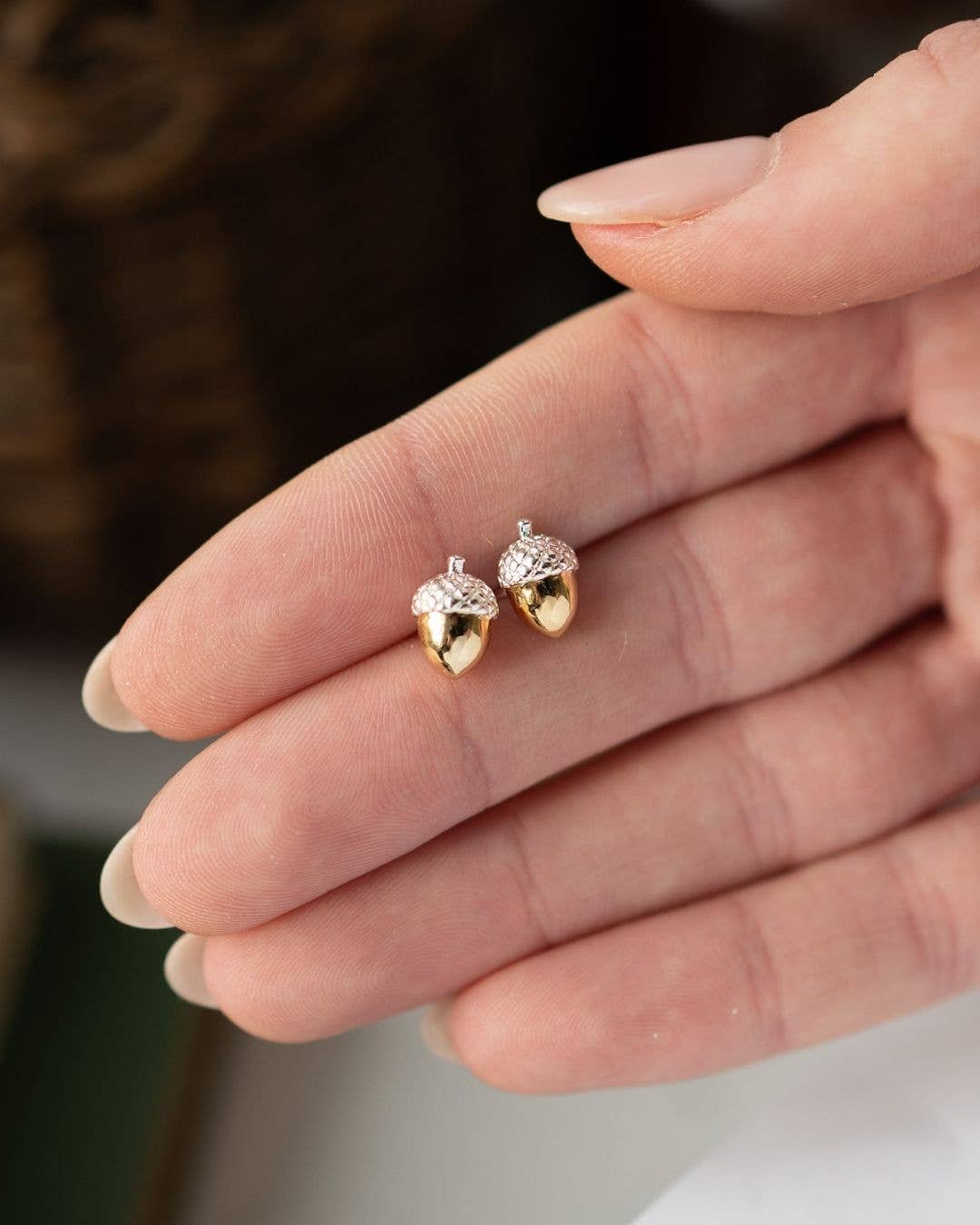 Acorn Studs detail — textured acorn cap and warm gold finish